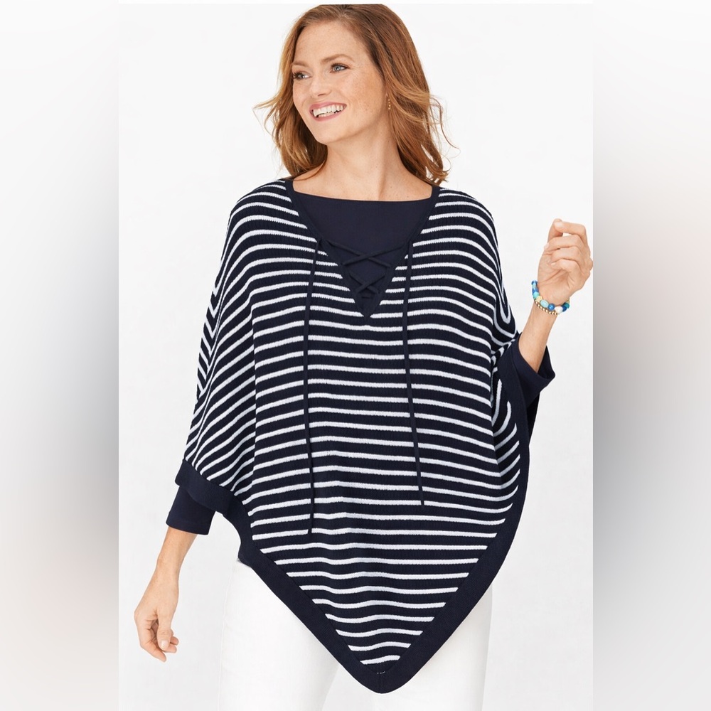TALBOTS Women’s Nautical Nave White Striped Light Weight Summer Knit Poncho S